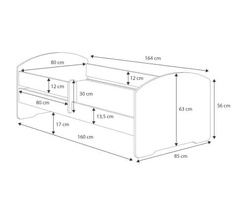 Bērnu gulta Luk ar matraci un aizsargbarjeru 164 cm x 85 cm x 63 cm