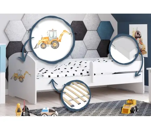 Bērnu gulta Luk ar matraci un aizsargbarjeru 164 cm x 85 cm x 63 cm Excavator