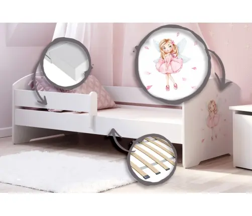 Children's Bed Luk with Mattress and Safety Barrier 164 cm x 85 cm x 63 cm 160x80 Girl with wings