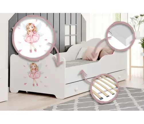 Vaikiška lova Anna 160x80 su stalčiumi Mergaitė su sparnais