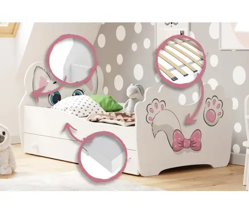 Children's Bed Pink Cat 140x70 with Drawer and Mattress