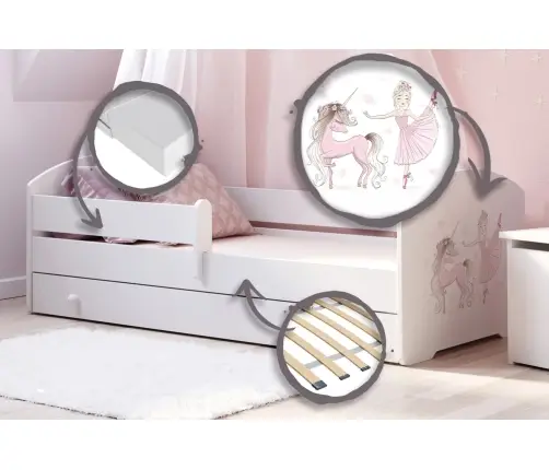 Lastevoodi LUK sahtli ja madratsiga 160x80 Girl with unicorn