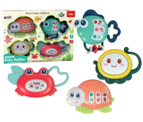 Baby Rattles Set of 4 Pieces Tortoise Fish Sea Animals Teether