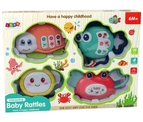 Baby Rattles Set of 4 Pieces Tortoise Fish Sea Animals Teether