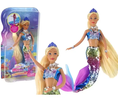 Mermaid Doll Blue Long Blonde Hair Mermaid Tail Sequins