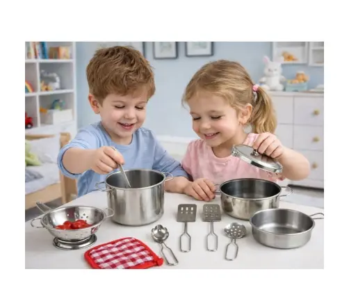 A set of pots and kitchen accessories for children