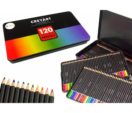 Set of 120 Art Crayons Metal Container