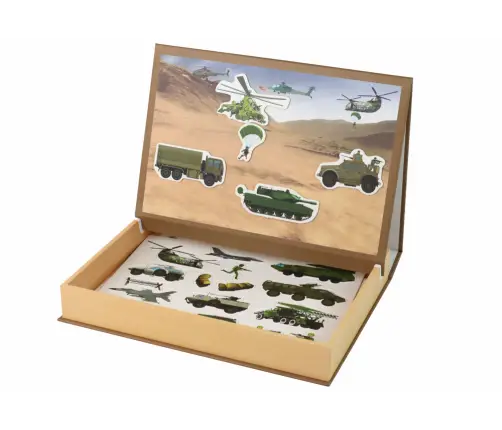 A set of educational magnetic puzzles with a land war motif