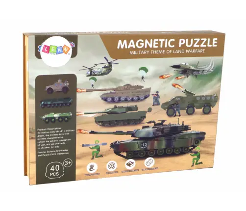 A set of educational magnetic puzzles with a land war motif