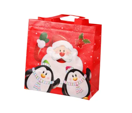 Santa and Penguins Red Gift Bag 22cm x 22cm x 11cm