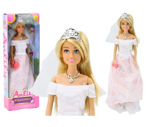 Doll In Wedding Dress Bride White Gown Veil Flowers