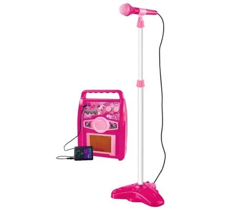 Pink electric guitar with microphone and amplifier