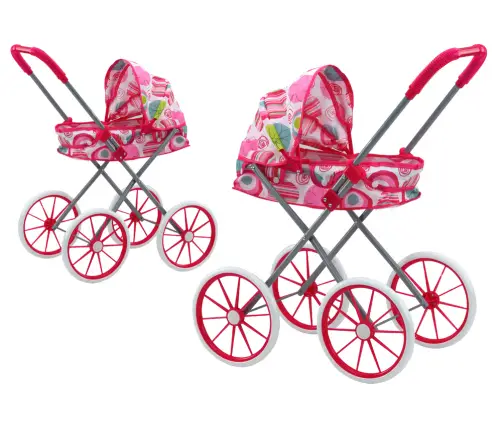 Doll Stroller Large Wheels Foldable Pink Patterns