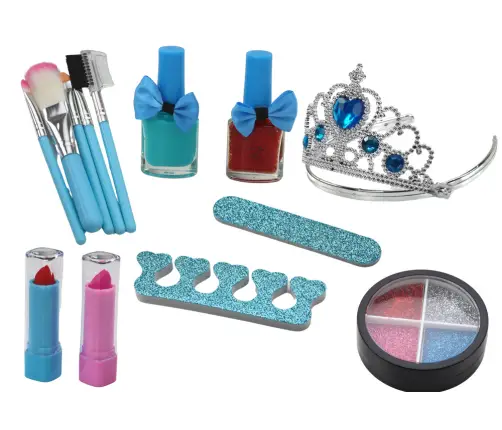 A set of cosmetics in a Crown Blue nail makeup case