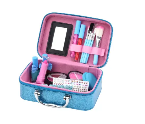 A set of cosmetics in a Crown Blue nail makeup case
