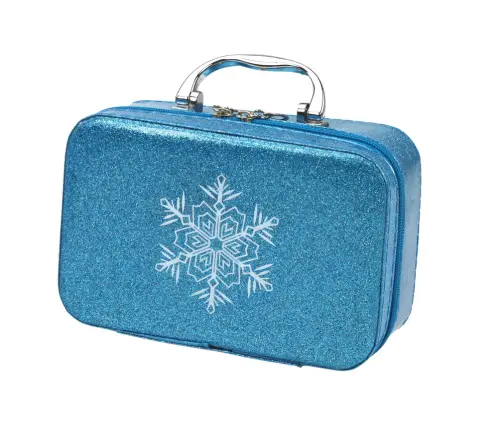 A set of cosmetics in a Crown Blue nail makeup case