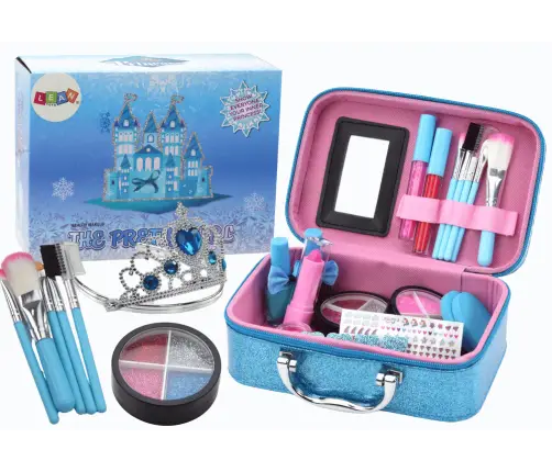 A set of cosmetics in a Crown Blue nail makeup case