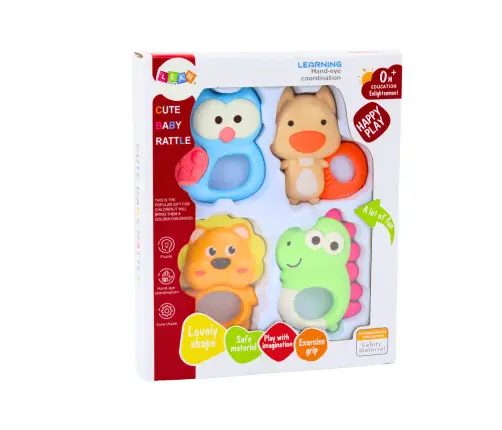 Set of Rattles, Teethers, Colorful Pastel Animals, 4 Pcs