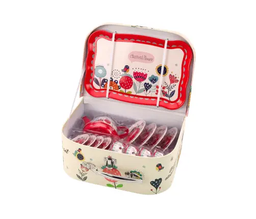Tea and coffee set in a box, plates, cups, red Tea and coffee set in a box, plates, cups, red