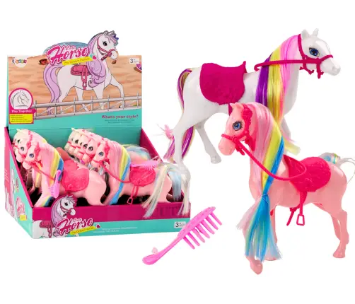 Figurine Horse With Colorful Mane, Saddle, Brush, White Pink Figurine Horse With Colorful Mane, Saddle, Brush, White Pink
