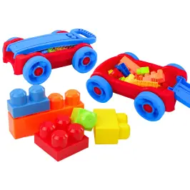 Set of blocks in a blue and red wheeled cart