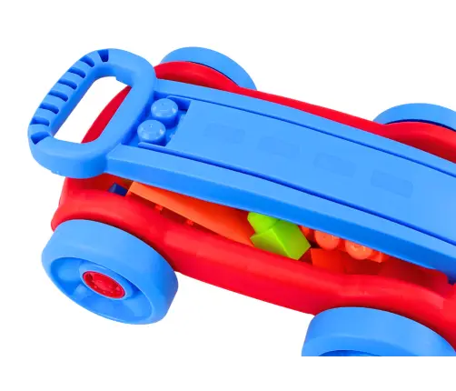 Set of blocks in a blue and red wheeled cart