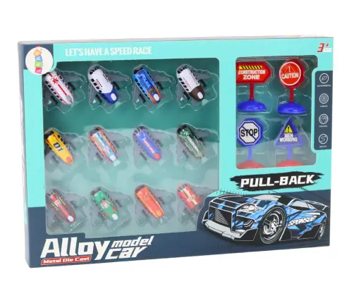 Set of 12 Toy Cars, Powered Planes, 5cm road signs