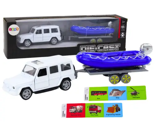 Off-road car with trailer and motorboat, white blue Off-road car with trailer and motorboat, white blue