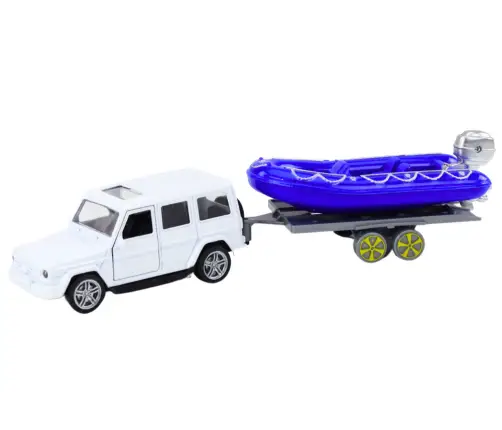 Off-road car with trailer and motorboat, white blue Off-road car with trailer and motorboat, white blue