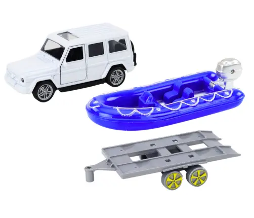 Off-road car with trailer and motorboat, white blue Off-road car with trailer and motorboat, white blue