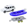 Off-road car with trailer and motorboat, white blue Off-road car with trailer and motorboat, white blue