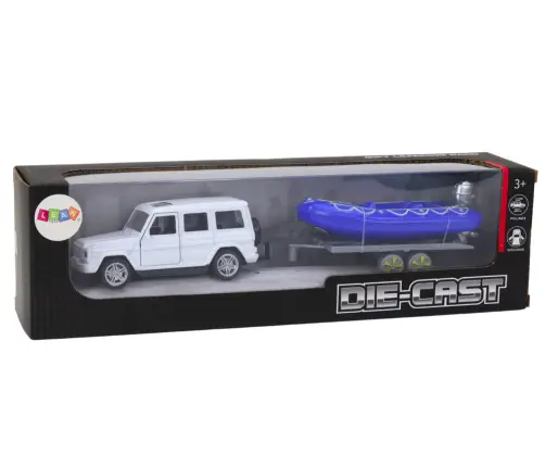 Off-road car with trailer and motorboat, white blue Off-road car with trailer and motorboat, white blue