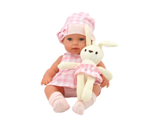 Baby doll in a bunny carrier in a pink checkered outfit Baby doll in a bunny carrier in a pink checkered outfit