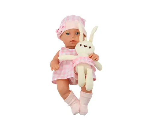 Baby doll in a bunny carrier in a pink checkered outfit Baby doll in a bunny carrier in a pink checkered outfit