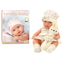 Baby doll in a carrier, a bunny, in a checkered outfit, beige