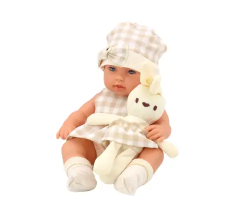 Baby doll in a carrier, a bunny, in a checkered outfit, beige