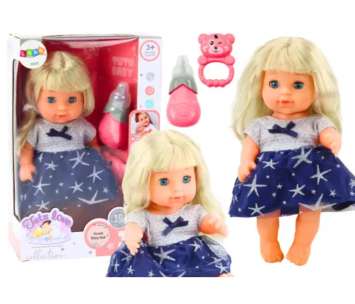 Doll In Navy Blue Dress Peeing Bottle Rattle Sounds Doll In Navy Blue Dress Peeing Bottle Rattle Sounds