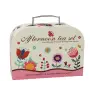 Tea set in a suitcase, cups, plates, cake stand