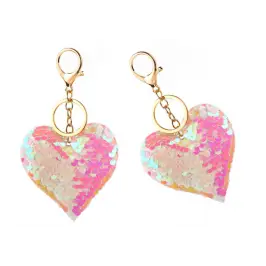 Heart Keychain Sequins Double-Sided White Light Pink