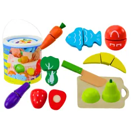 Set of Vegetables and Fruits for Cutting in a Bucket, Board, Wooden Knife