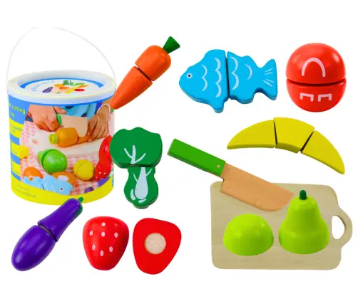 Set of Vegetables and Fruits for Cutting in a Bucket, Board, Wooden Knife