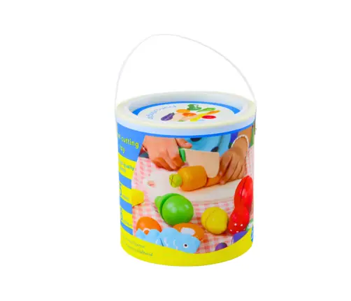 Set of Vegetables and Fruits for Cutting in a Bucket, Board, Wooden Knife