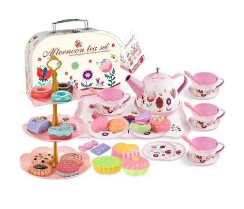 Tea Set In A Suitcase Cups Plates Cake Donuts