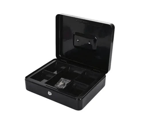Metāla naudas kaste ar nodalījumiem, 2 atslēgas, melna