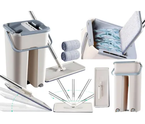 Flat Squeeze Mop with a Double-Chamber Bucket 2 Microfiber Inserts