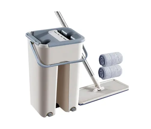 Flat Squeeze Mop with a Double-Chamber Bucket 2 Microfiber Inserts