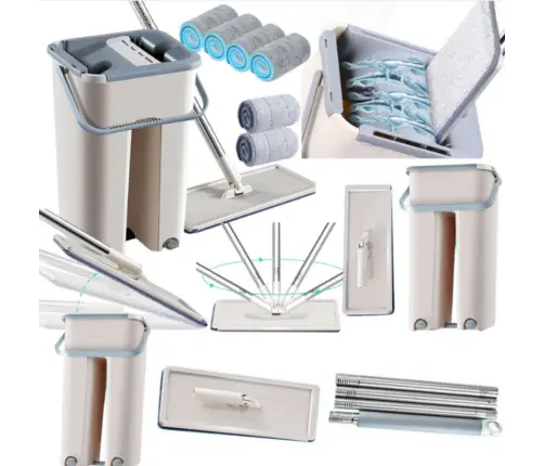 Flat Squeeze Mop with a Double-Chamber Bucket 2 Microfiber Inserts