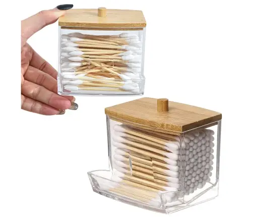 Cotton Stick Container Plastic Bamboo Lid