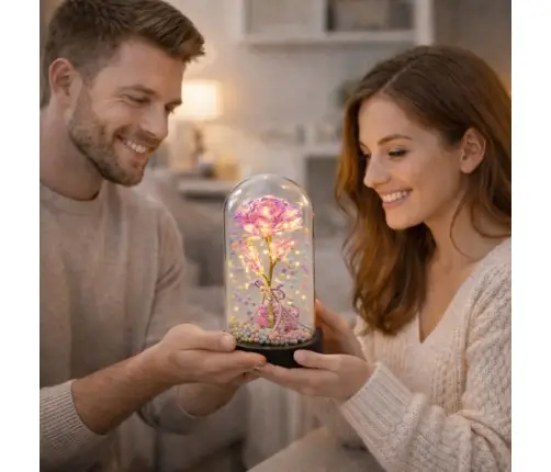 Eternal Rose in Dome with LED Lighting Pink with Heart and Balls