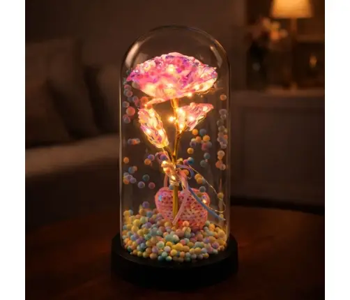 Eternal Rose in Dome with LED Lighting Pink with Heart and Balls